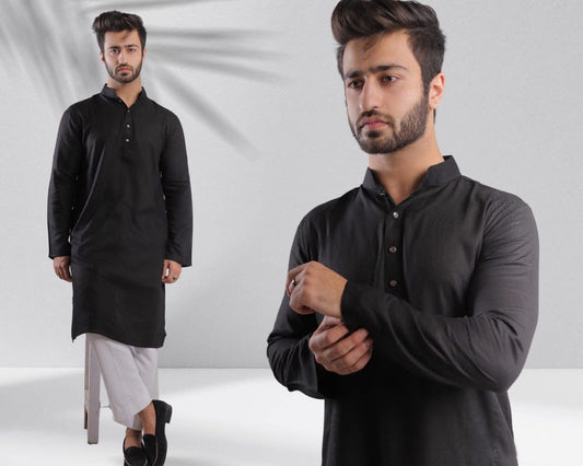 Men Solid Panjabi-Black